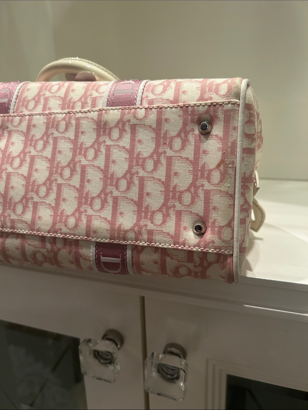 Dior Pink and White Floral Bowling Satchel with Crystal '1' Accent - Picture 9 of 13